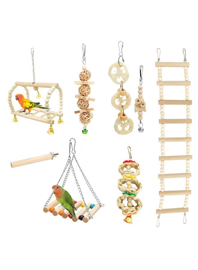 Oldzhan Parrot Toy Set, Natural Wood Color Combination Set, Parrot Play and Chew Toys, Colorful Beads, Swing, Climbing Ladder, Bird Supplies (8-piece Set) - Image 1